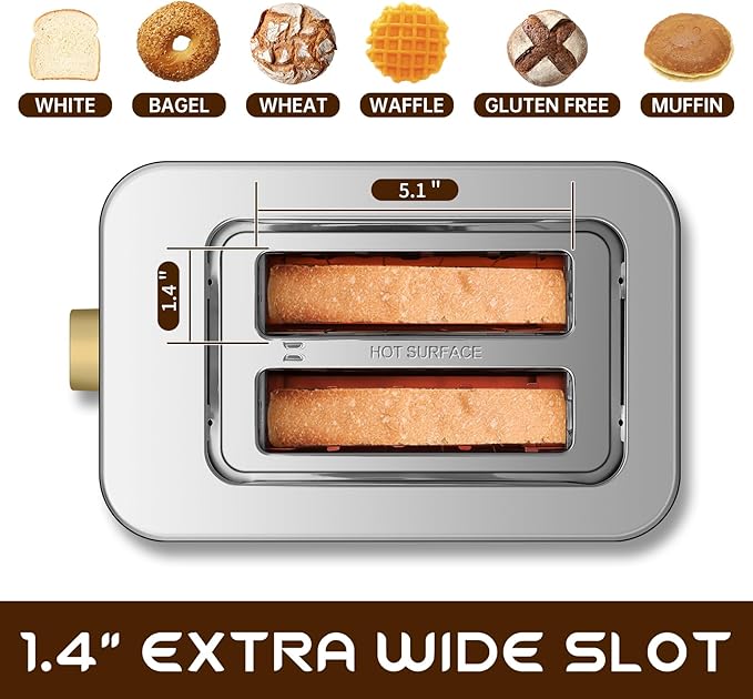 SEEDEEM Toaster 2 Slice, Touch Control Screen, Smart Stainless Toaster, 6 Shade Setting, 6 Bread Selection, Countdown, Removable Crumb Tray, 900W, Peach Pink