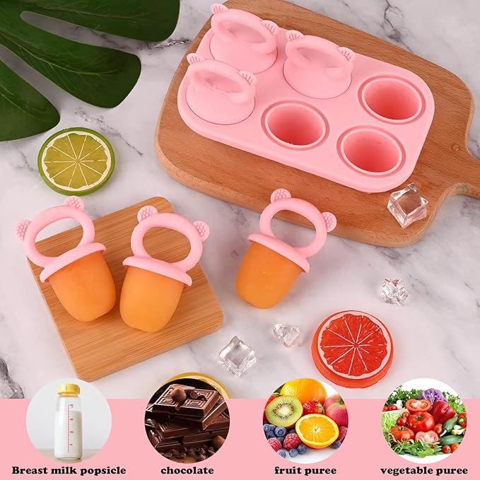 HUAKENER Mini Popsicle Molds, Silicone Popsicle Mold for Toddlers, 6-Cavity Ice Pop Molds with Handle for Making Healthy Baby Food, Breastmilk Popsicle (Pink)