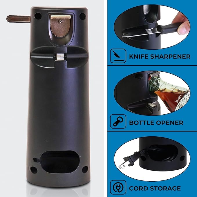 Kenmore Electric Can Opener - Arthritis-Friendly, Bottle Opener, Knife sharpener, Latas Abrelatas, Cord Storage, Automatic Countertop Appliance Stainless Steel Detachable Cutting Lever