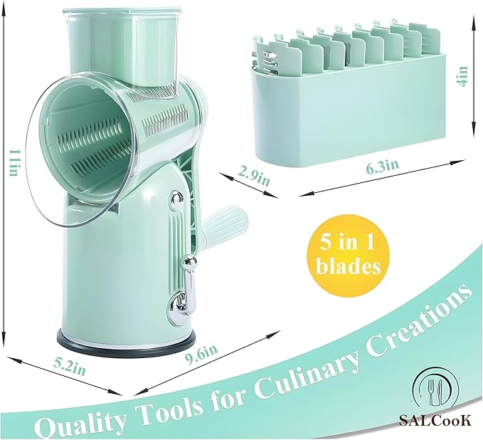5-in-1 Manual Rotary Cheese Grater with Handle – Stainless Steel Blades for Slicing, Shredding, Grinding & Wavy Cuts – Strong Suction Base, Blade Storage Box – Green