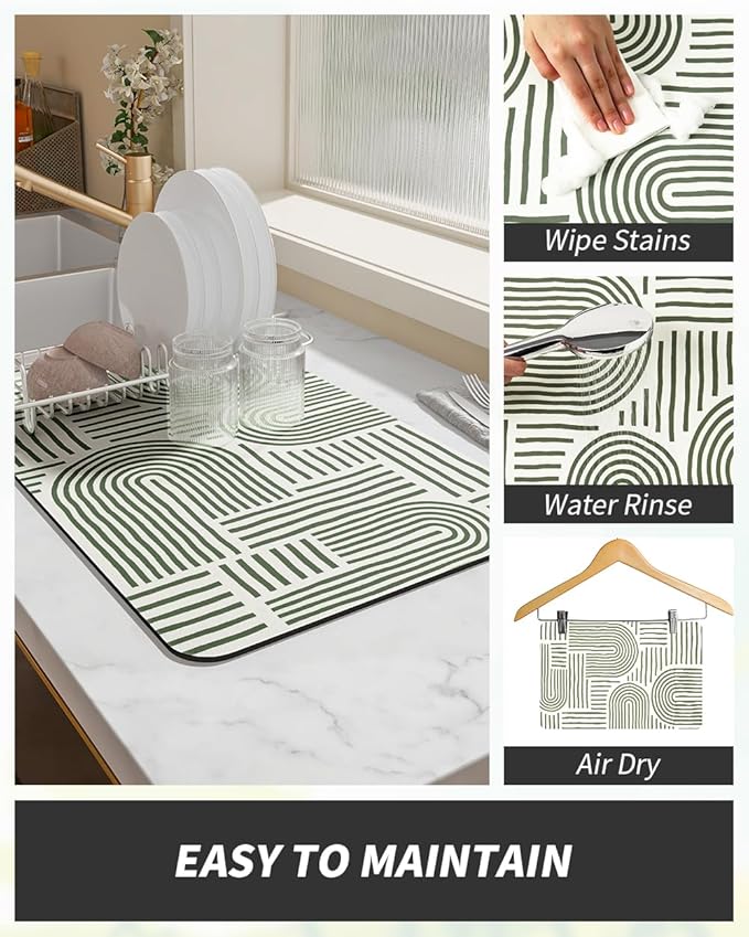 AMOAMI Coffee Mat Hide Stain Rubber Backed Absorbent Dish Drying Mat for Kitchen Counter - Fits Under Coffee Maker or Machine - Green Line 17x31.5