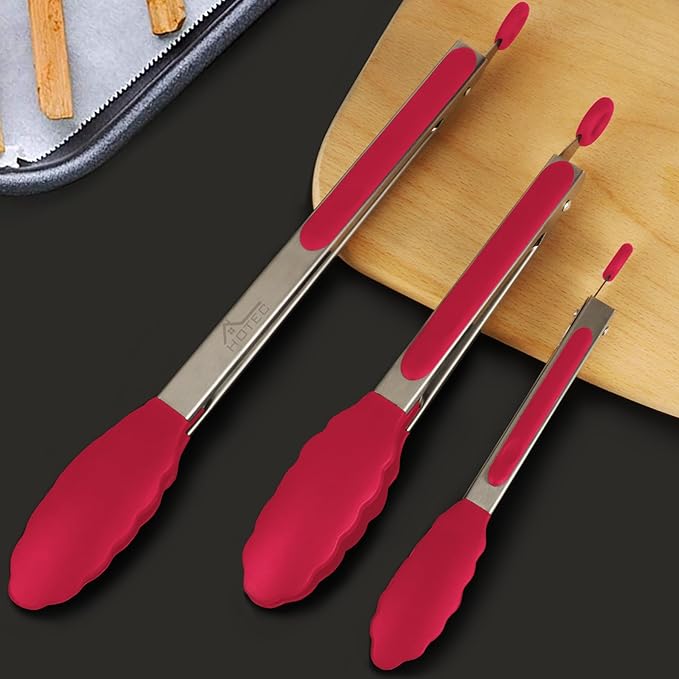 HOTEC Premium Stainless Steel Locking Kitchen Tongs with Silicon Tips, Set of 3-7", 9" and 12" (Red)