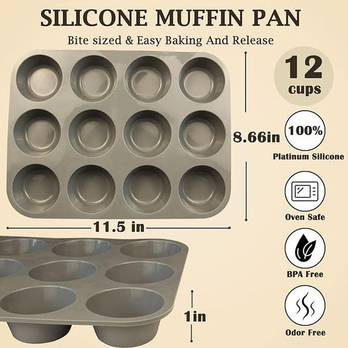 12 Cups Silicone Mini Muffin Pan Set, Nonstick Mini Cupcake Pans, BPA Free Small Muffin Tin for Baking, Set of 2 (Gray+Gray)