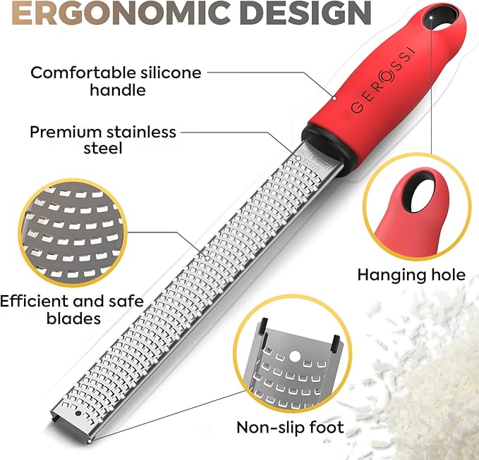 Stainless Steel Cheese Grater & Lemon Zester w/Extra Sharp Blade - Perfect for Lemon, Parmesan, Garlic, Chocolate - Spice Up any Dish in Seconds w/Your Premium Citrus Hand Grater with Handle - Red