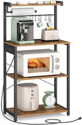 VASAGLE Kitchen Bakers Rack with Power Outlet, Coffee Bar 4-Tier with 8 S Hooks, Microwave Stand, Adjustable Shelf, for Small Spaces, Rustic Brown and Ink Black UKKS014K01V1
