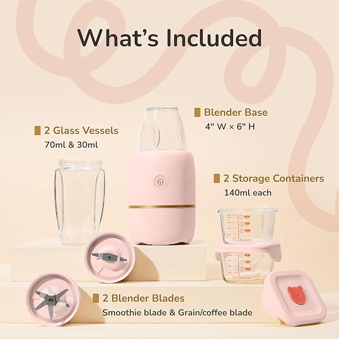Bubble Blender, Baby Food Maker & Puree Blender with 2 Borosilicate Glass Cups, Compact Baby Bullet for Smoothies, Hands-Free One-Touch, 200W Motor, Rose