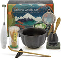 Matcha Whisk Set Incl. Ceramic Bowl With Spout, Whisk (Chasen), Stand, Bamboo Scoop, Sifter, Electric Frother, Tea Towel etc. 9 Pcs Matcha Making Starter Kit, Mottled Black