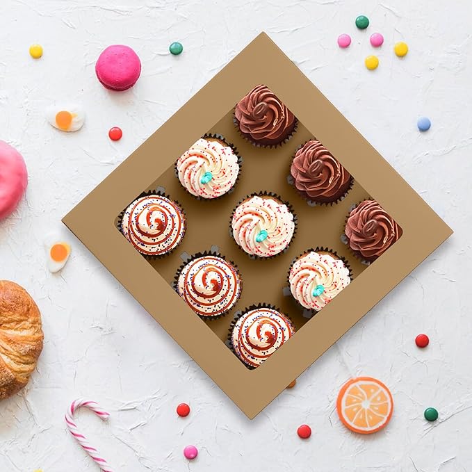 9-Count Cupcake Boxes with Window and Insert, 9x9x3 Inch, Brown, Suitable for Cupcakes, Muffins, and Cookies, 8 Pack