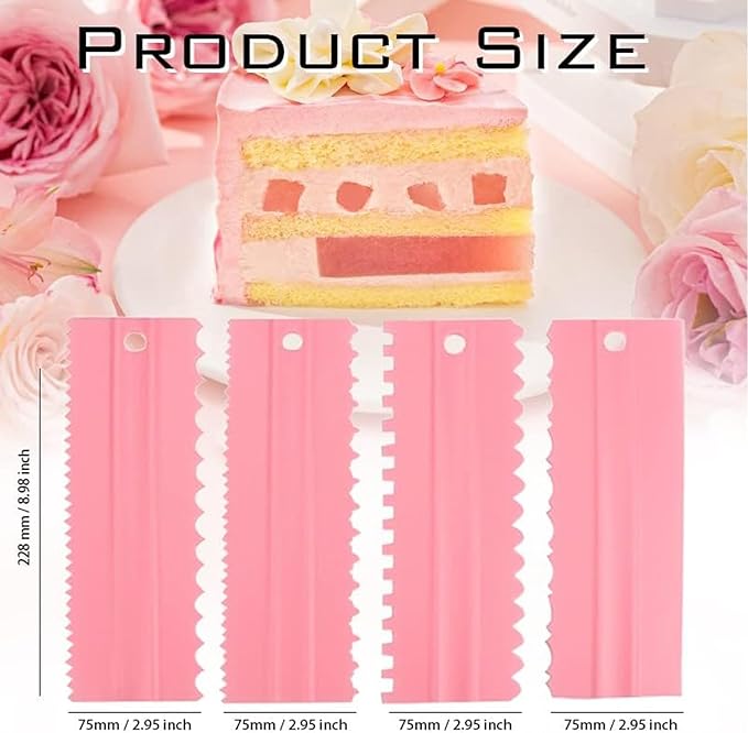 Cake Scrapers Set Pink Decorating Comb and Icing Smoother, Plastic Sawtooth Scraper Polisher Butter Mousse Cream Cake Edge DIY Tool -8 Design Textures (Pink)