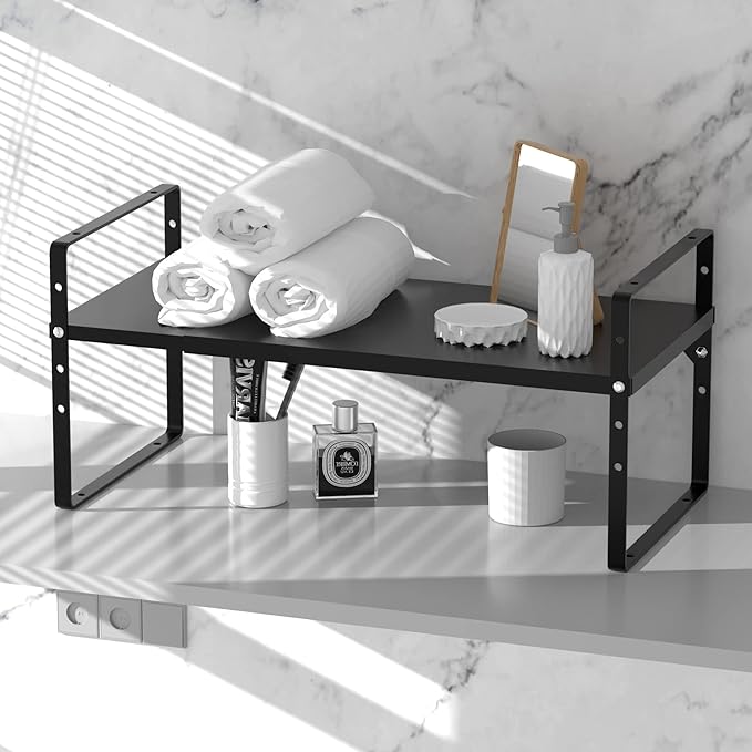 iPEGTOP Expandable Cabinet Storage Shelf Organizer Rack, Heavy Duty Steel Metal Spice Rack Adjustable Height Home Office Garage Pantry Shelves for Counter Kitchen Organization, Black, 2 Pack