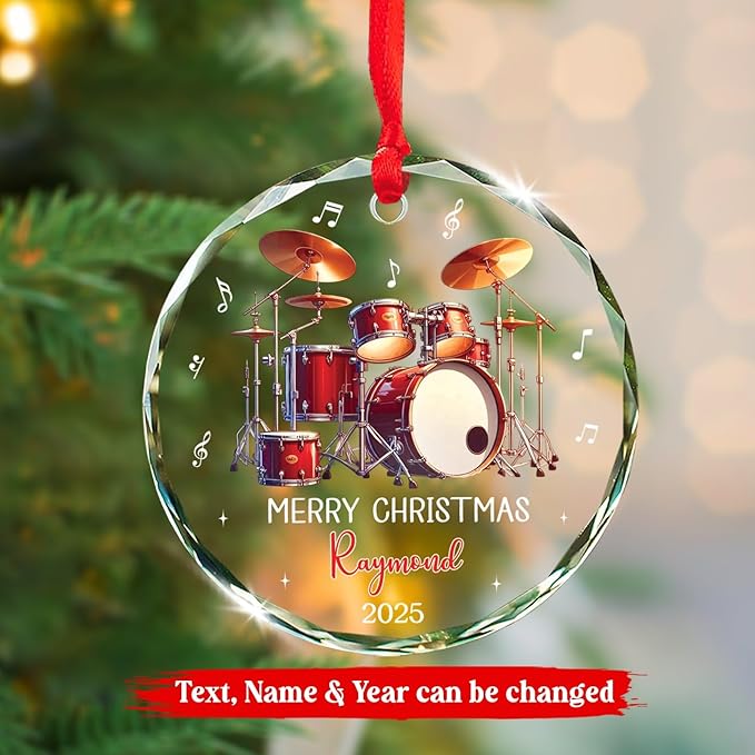 Personalized Drum Glass Ornament Gift for Band Drummer, Musical Instrument Ornament Christmas 2025, Custom Text & Name Drum Player Xmas Glass Keepsake, Instrument Lover Ornaments Christmas Tree Decor