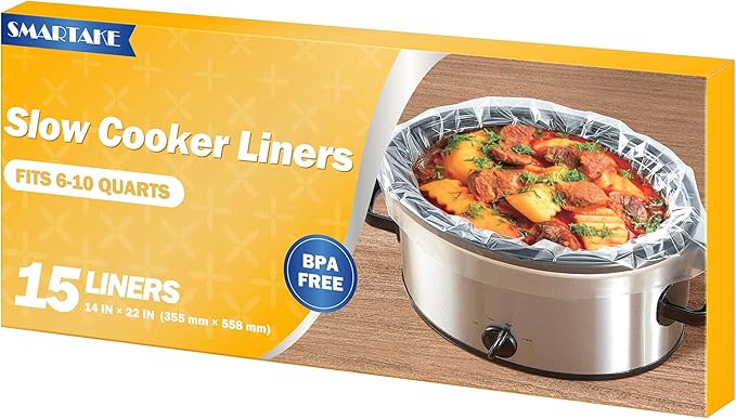 SMARTAKE Slow Cooker Liners, Extra Large Size 14"x 22" Disposable Cooking Bags, Fit 6QT to 10QT for Slow Cooker, Cooking Trays, Suitable for Oval & Round Pots, 15 Liners