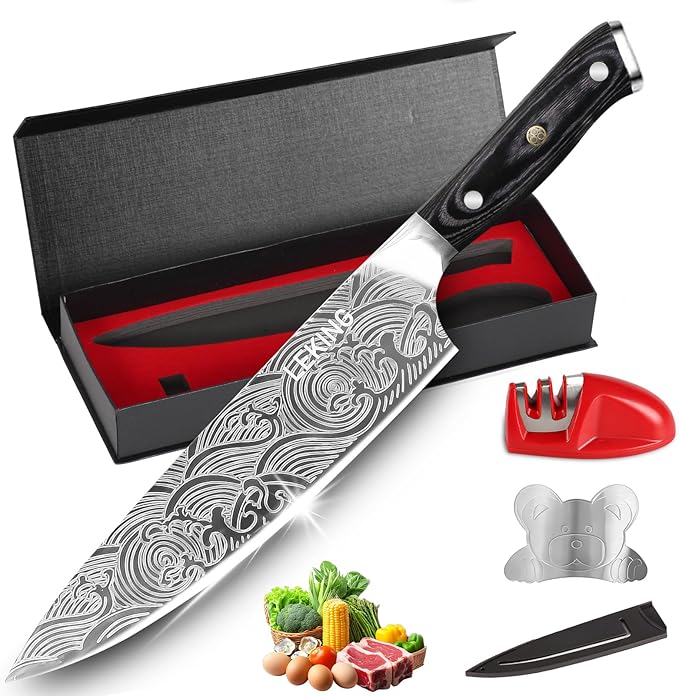 Leking 8 Inch Chef Knife, Kitchen Knife with Sharpener and Finger Guard, Professional High Carbon Stainless Steel Sharp Chef's Knife Set with Ergonomic Handle in Premium Gift Box