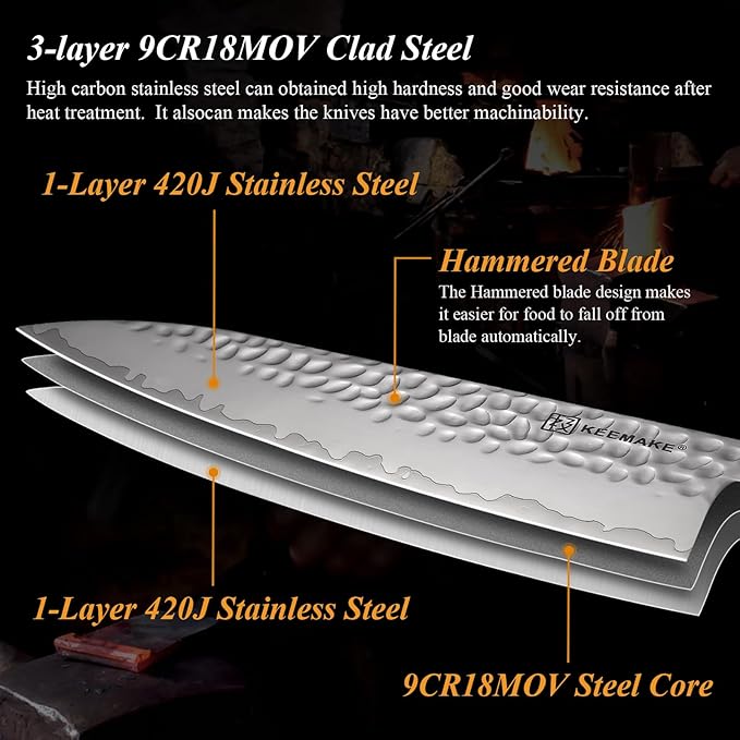 KEEMAKE Kitchen Knife Set 4pcs - Chef Knife Set with 3-layer Japanese 9CR19MOV Clad Steel Blade, Sharp Knives Set for Kitchen with Octagon Rosewood Handle Kitchen Knives