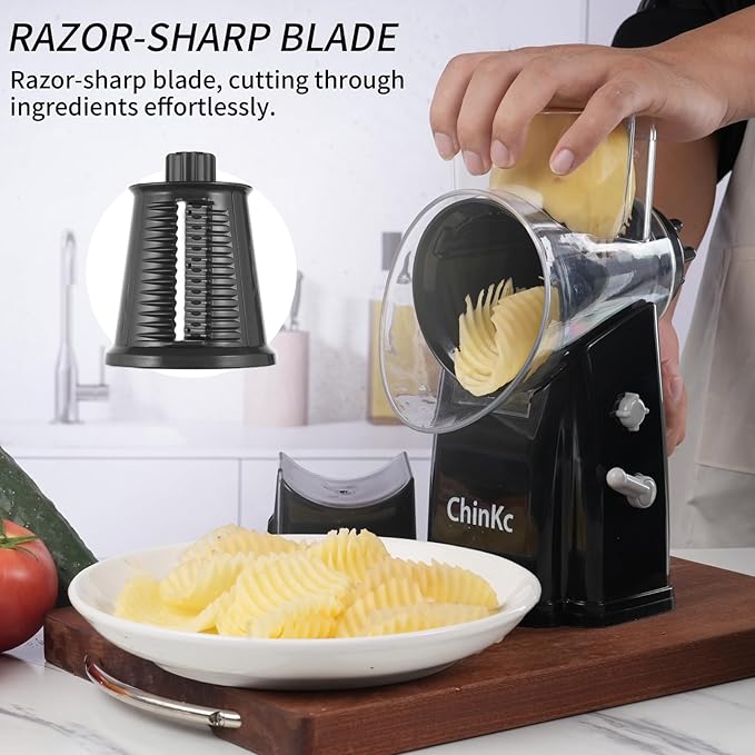 Rotary Cheese Grater Shredder - Upgraded 5 in 1 Cheese Grater with Handle and Strong Suction Base, Multi-purpose Julienne Slicer Ice Shaver Nuts Grinder for Ice, Vegetables, Fruit, Nuts