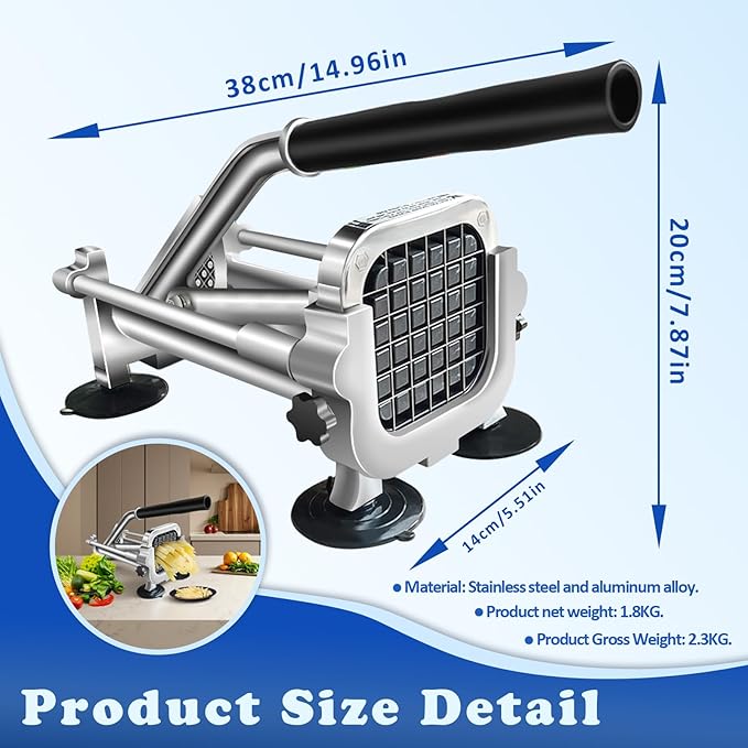 1/4 In Blade French Fry Cutter, Efortless Commercial Vegetable Chopper, Anti-slip Potato Cutter, Heavy Duty Potato Slicer, Stainless Steel Easy Clean Manual Cutter for Tomatoes Peppers Mushrooms