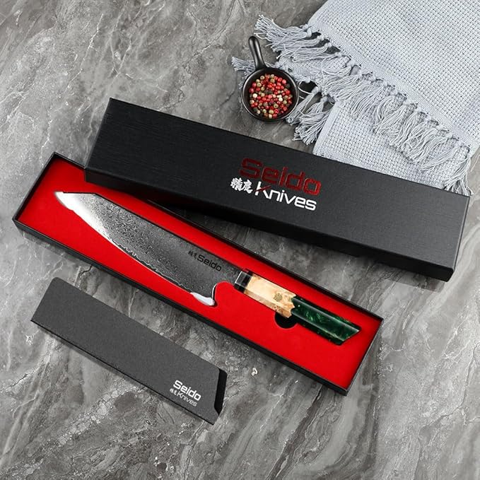 Seido Knives Kiritsuke Damascus Steel Chef Knife Epoxy Resin Stabilized Wood Handle Professional Kitchen Knife VG10 High Carbon Stainless Steel, Forest Green