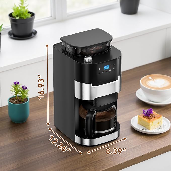 Joy Pebble 10-Cup Drip Coffee Maker with Built-In Grind, Grind & Brew, Touch-Screen Control, 1.5L Large Water Tank & Keep Warm Plate