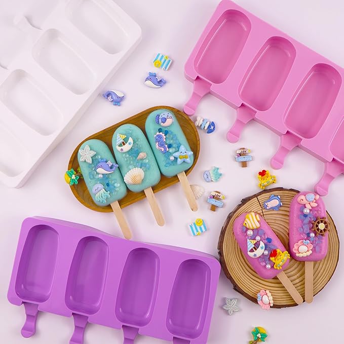 3pcs Large Silicone Popsicle Molds with Lids,4 Cavities Cake Pop Molds,Oval Ice Cream Bar Mold Ice Pop Cakesicle Molds Silicone with 100 Wooden Sticks & 100 Bags &100 Twist Ties(Pink)