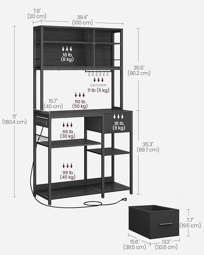 VASAGLE Bakers Rack with Charging Station, Coffee Bar with Adjustable Storage Shelves, Fabric Drawer, 12 Hooks, 15.7 x 39.4 x 71 Inches, Kitchen Microwave Stand, Charcoal Gray and Ink Black UKKS027B01