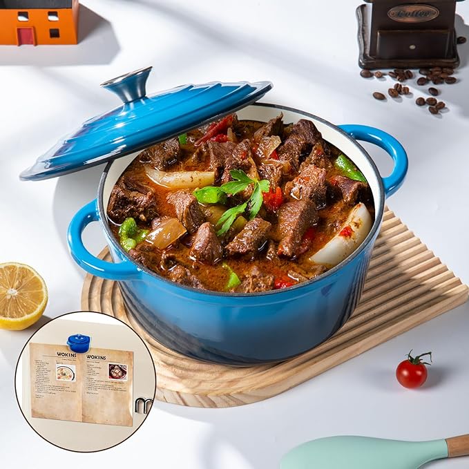 Enameled Cast Iron Dutch Oven Pot with Lid Heavy-Duty Cookware for Bread Baking, Braising, Stews, Roasting,5.5QT，blue