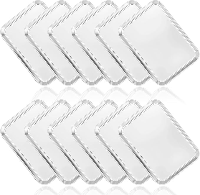 12 Pcs Baking Sheet Stainless Steel Cookie Small Metal Sheet Pans Professional Rectangle Oven Trays Kitchen Baking Cooking and Toaster, Oven and Dishwasher Safe(7.1x5.1x0.79Inch)