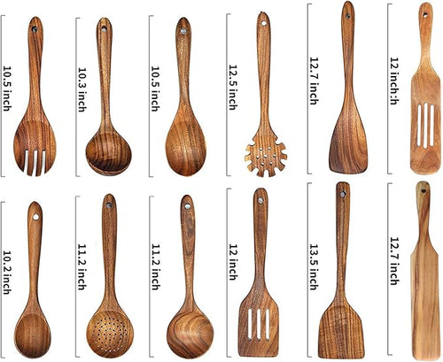 12 Pack Wooden Spoons for Cooking - Natural Teak Kitchen Utensils Set with Spatulas