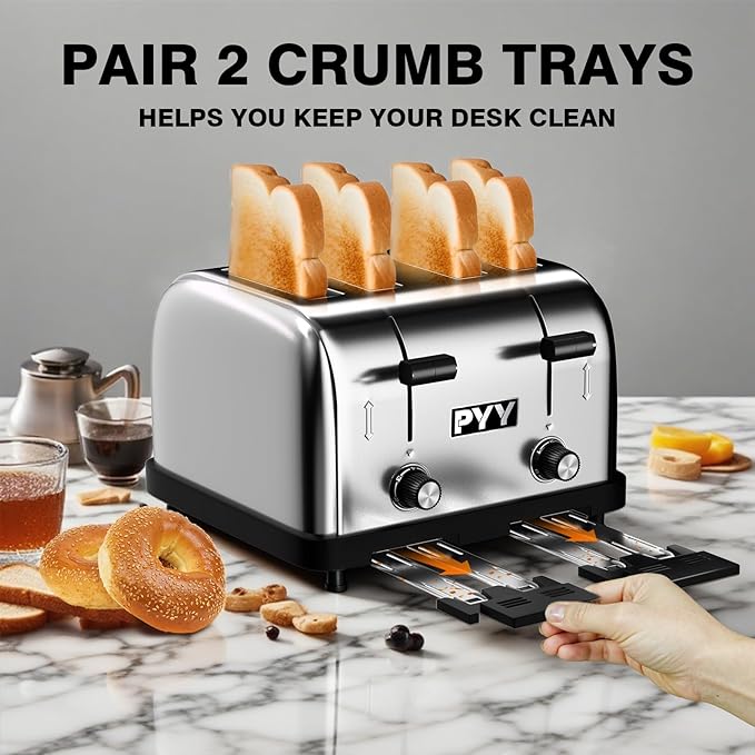 PYY Commercial Toaster 4 Slice for Restaurant - Wide Slots 1.57 inch Stainless Steel 6-Level Setting, with Removable Crumb Tray, 225 Slices/Hour 1800W - Bread, Bagels, Breakfast, Texas Toast
