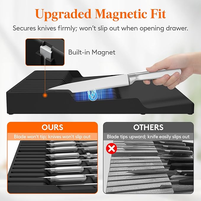 Lifewit Magnetic Drawer Knife Organizers Insert, Kitchen Plastic In Drawer Knife Block Slots for 16 Knives and 1 Sharpening Steel, Extra Large Steak Chefs Knives Holder Storage Sets, Black