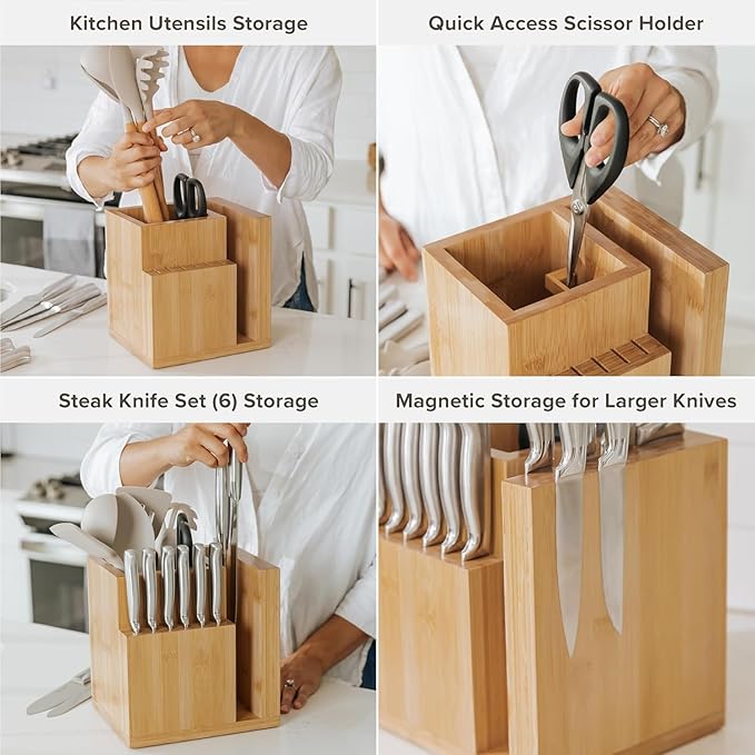 KitchenEdge Bamboo Magnetic Knife Block and Cooking Utensil Holder, Sleek Storage for Chefs Knives, Steak Knives, Spatulas, Scissors, Non-Slip Rubber Feet, Easy to Clean, Kitchen Countertop Organizer