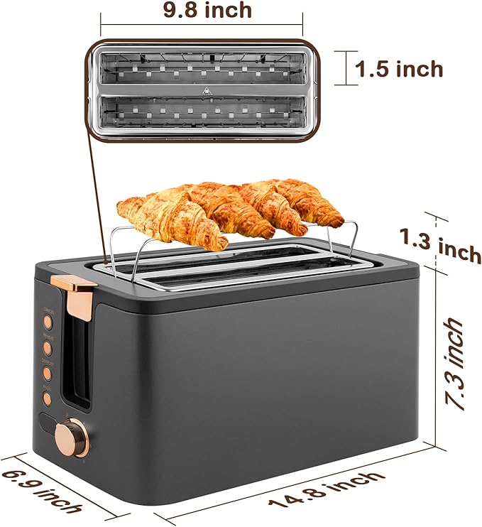 Mecity 4 Slice Toaster, Long Slot Toaster With Warming Rack, Timer, Bagel, Defrost, Reheat Functions, Crumb Tray, 6 Browning Settings, Extra Wide Long Slots, Stainless Steel, 1300W, Grey