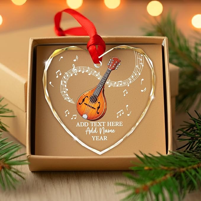 Custom Mandolin Christmas Glass Ornament 2025, Personalized Mandolin Player Xmas Ornament with Text Name & Year, Musical Instrument Christmas Tree Ornaments, Gift for Men Women Mandolinist