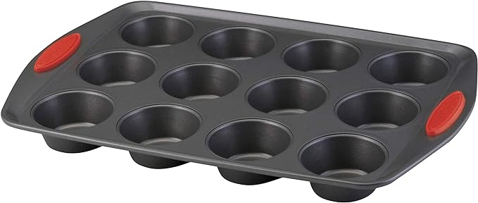 Rachael Ray Yum-o! Nonstick Bakeware 12-Cup Muffin & Cupcake Tin With Grips - Gray with Red Grips