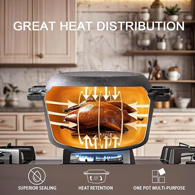 2-in-1 Pre-Seasoned Cast Iron Dutch Oven with Skillet Lid, 10 In Cast Iron Pot & Pan Set for Baking Bread, Frying, Camping, BBQ, Indoor & Outdoor Use