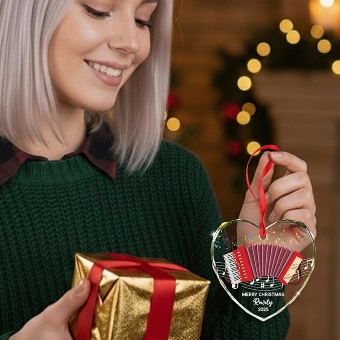 Personalized Accordion Glass Christmas Ornament, Customized Year Text Name Accordion Player Keepsake Ornaments Gift for Women Men Accordionist, Awesome Accordions Musical Instrument Glass Ornament