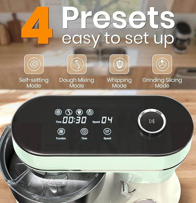 Stand Mixer Set, 6QT Kitchen Mixer with LED Touchscreen, 11-Speed Tilt-Head Mixer with Timer, 4 Preset Menus, Stainless Steel Bowl, Dough Hook, Whisk, Beater,Plus 2QT Ice Cream Maker Attachment