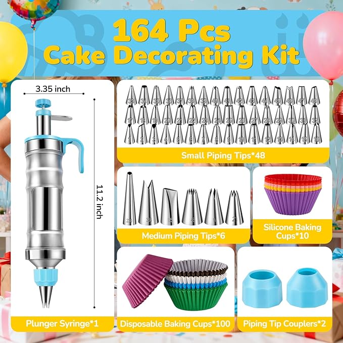 Cake Decorating Tools Supplies Kit: 164pcs Baking Accessories - Piping Bags and Icing Tips Set - Puffs Cupcake Frosting Piping Bakery Set for Adults Beginners or Professional, Blue