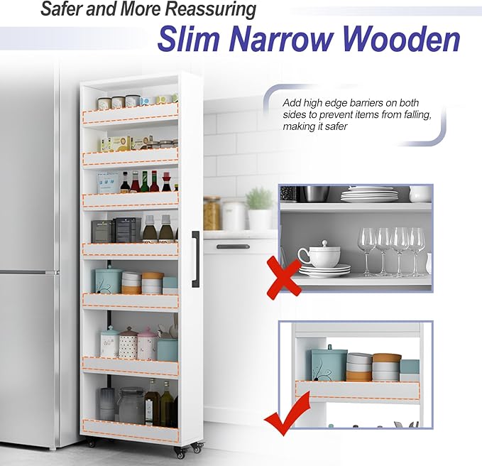 7-Tier Slim Storage Cart, Wooden Rolling Pantry Cabinet with Wheels, Narrow Shelf Organizer for Kitchen, Bakers Rack, Dining Room, Closet, Small Spaces Warm White 73.2''H*9.8''W*19.6''D