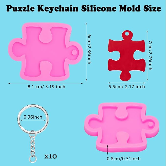 2 Pieces Puzzle Silicone Mold Handmade Puzzle Keychain Mold Silicone Baking Mold with Hole and 10 Pieces Key Rings for DIY Keychains, Chocolate, Cake, Pudding, Ice Cream, Jelly