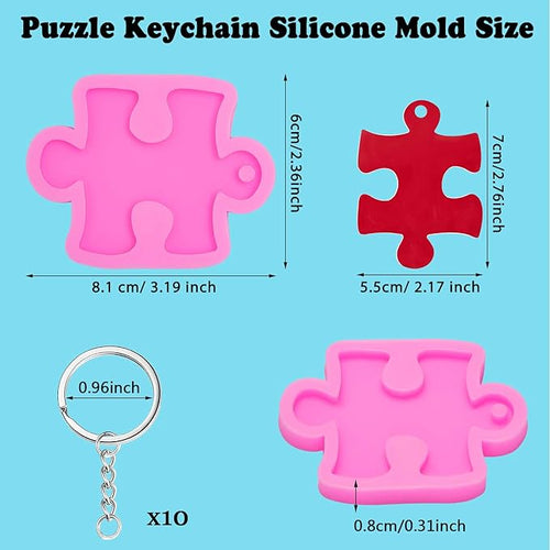 2 Pieces Puzzle Silicone Mold Handmade Puzzle Keychain Mold Silicone Baking Mold with Hole and 10 Pieces Key Rings for DIY Keychains, Chocolate, Cake, Pudding, Ice Cream, Jelly