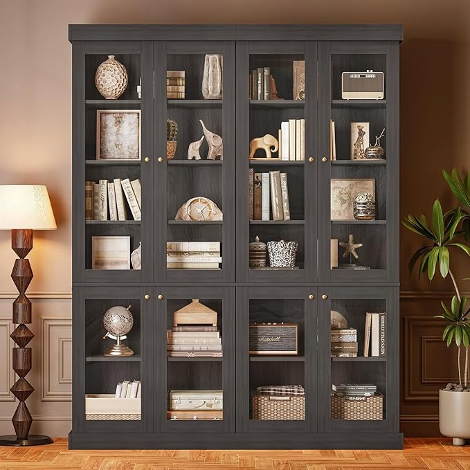 70.8" Bookshelf with Glass Doors, Farmhouse Modular Bookcase with 6-Tier Adjustable Shelves, Large Storage Cabinet for Living Room & Home Office, Set of 2, Black
