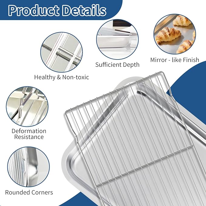 Baking Sheet with Rack Set of 4 (2 Pans + 2 Racks), 16 x 12 x 1 Inch Stainless Steel Cookie Pan with Cooling Rack, Non Toxic & Dishwasher Safe & Easy Clean for Baking, Cooling, Meats, Veggies