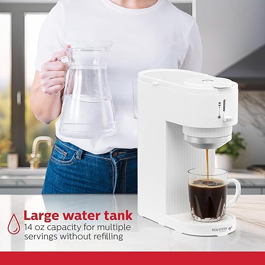 Holstein Housewares 2-in-1 Single Serve Coffee Maker, Dual Brew, Compatible with K-Cup Pods & Ground Coffee, Reusable Filter Included, Compact Drip Coffee Machine, 14oz Tank, Fits Most Cups - White