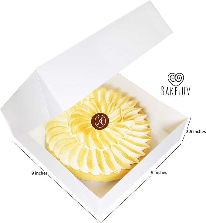BAKELUV Pie Boxes for 9 Inch Pie | White, 25 Pack | 9x9x2.5 Bakery Box with Window, 9x9 Cookie Box, 9 Inch Pastry Boxes with Window Bulk, Cake Boxes, Auto Pop Up