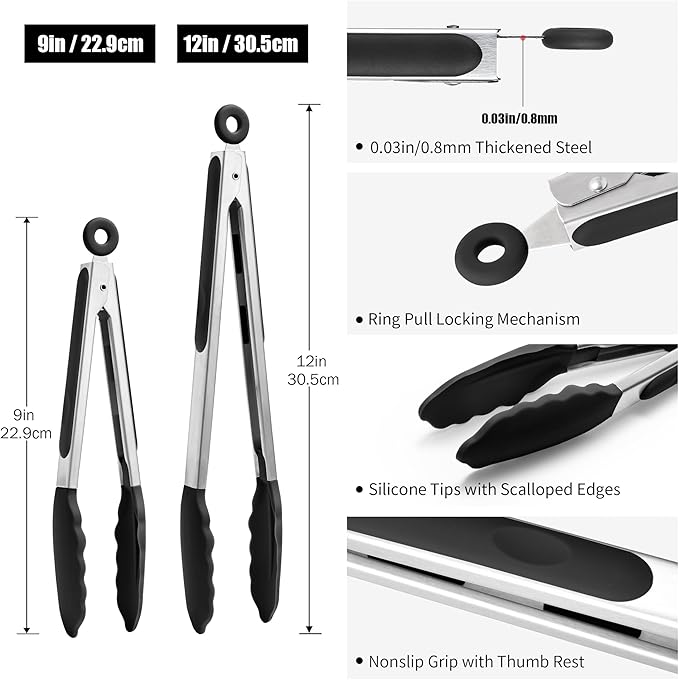Doosu Kitchen Tongs for Cooking - 600°F Heat Resistant Food Tong Set with Non-Scratch Silicone Tips, Heavy Duty Stainless Steel Locking Tong for BBQ, Grilling Steak, Serving Salad (9+12in, Black)