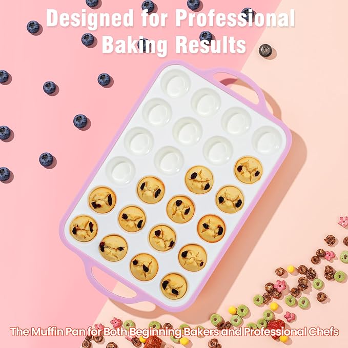 Silicone Mini Muffin Pan With Metal Reinforced Frame - 24 Cups Durable Silicone Cupcake Pan for Muffin, Cupcakes, BPA Free and Dishwasher Safe - 2 Piece Pink