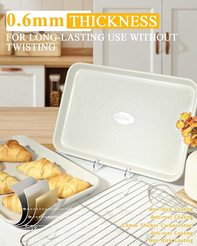 Nonstick 13”x 9” Baking Sheet with Wire Rack, 2-Pack Carbon Steel Quarter Cookie Sheets for Oven, Oven Safe 450°F, Non Warping, Dishwasher Safe, Gift for Baking and Sheet Pans Dinners