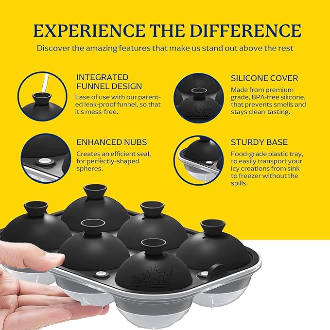 Samuelworld Large Ice Ball Mold with Lid and Bin, 2.5 Inch Ice Balls - Food Grade, Easy To Fill Round Silicone Ice Tray, Perfect Spheres Craft Ice Maker for Whiskey, Cocktails-Black (2 Pack)