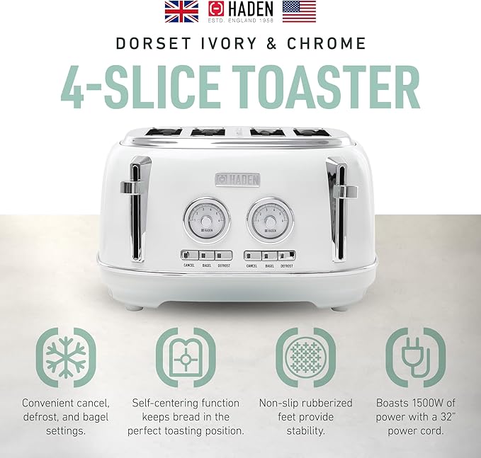 Haden Dorset 4 Slice Wide Slot Stainless Steel Toaster with Adjustable Browning Control & Non-Slip Feet, Ivory & Chrome