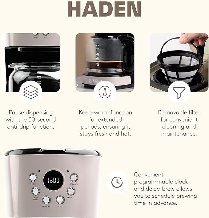 Haden 12 Cup Programmable Drip Coffee Maker Coffee Machine Bundled with Dorset 2 Slice Wide Slot Stainless Steel Toaster, Putty & Chrome